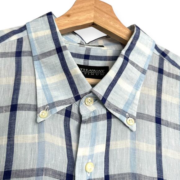 Hathaway Platinum 100% Linen Made In Italy Plaid Button Up Long Sleeve Men's XXL - Picture 7 of 10